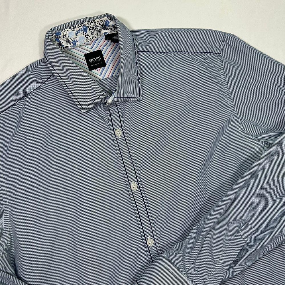 HUGO‎ BOSS Pinstripe Button-Down Dress Shirt with Floral Collar Mens Medium
